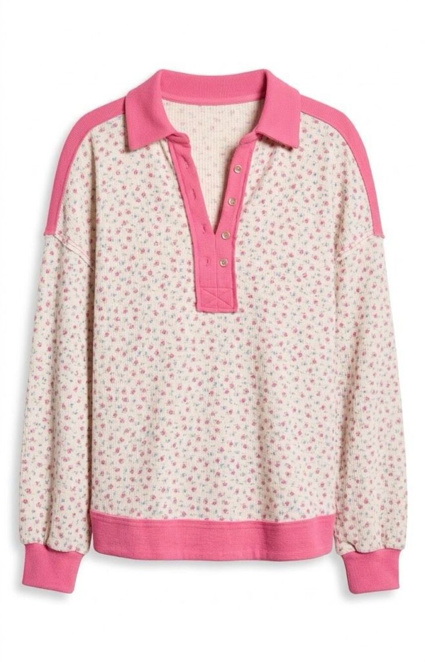 B1029. BiBi Pink Floral Printed Thermal 1/2 Button Down Knit Top NWT
